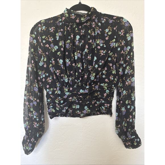 Zara Crop Black Sheer Floral Blouse Y2K Long Sleeve high mock neck keyhole sz S - Picture 2 of 15